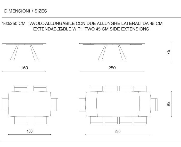 Vista laterale del tavolo Swing, altezza 75 cm e lunghezza 210 cm