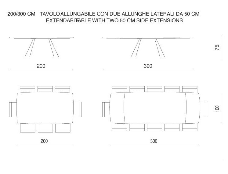 Vista dall’alto del tavolo Swing, lunghezza 200 cm e profondità 110 cm