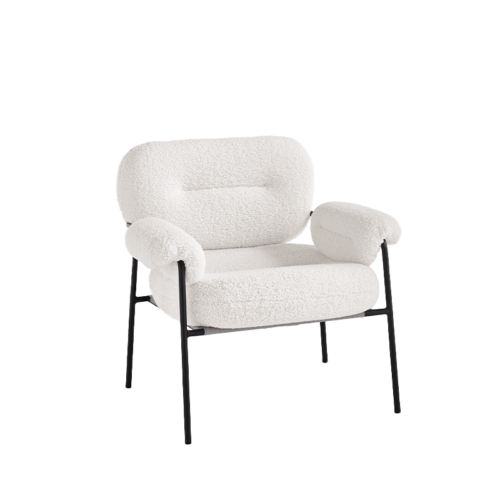 Poltrona in tessuto bouclè con struttura in metallo.